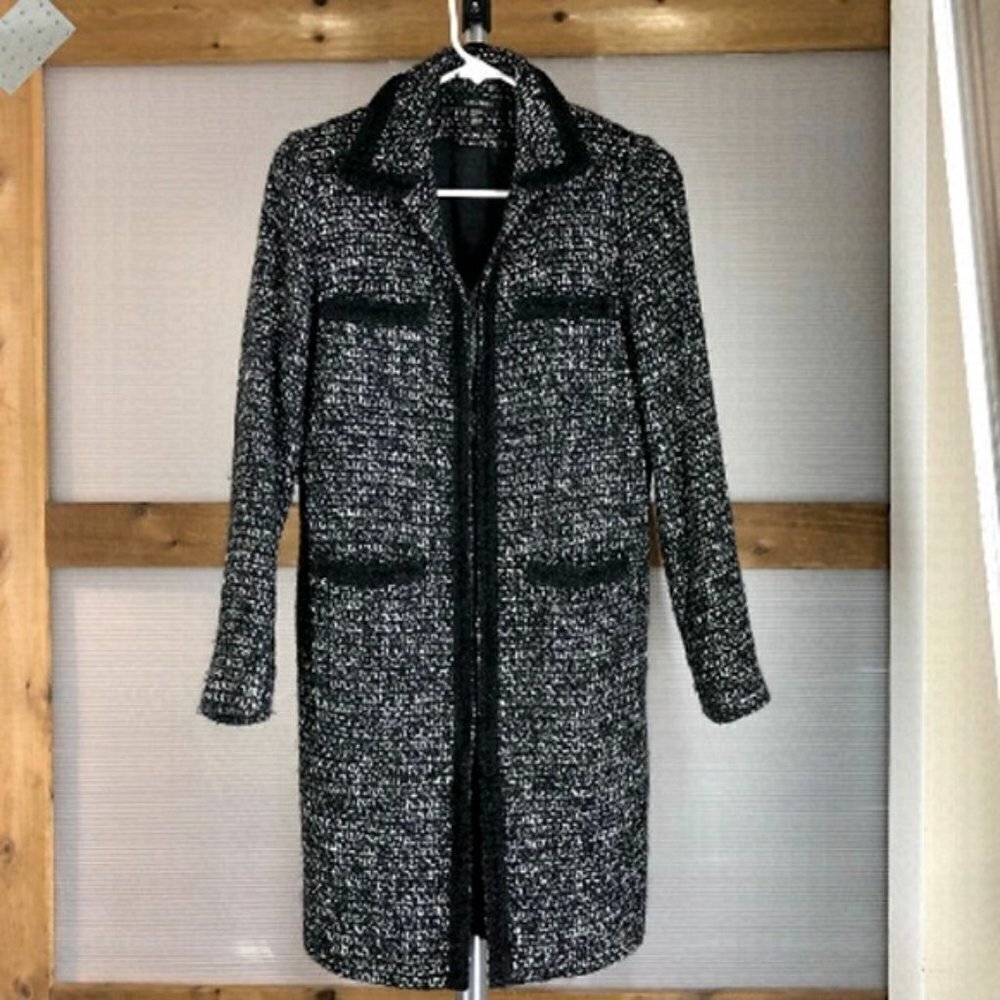 Louben Wool Blend Glitter Lace Detail Black White Long Tweed Coat Sz 4